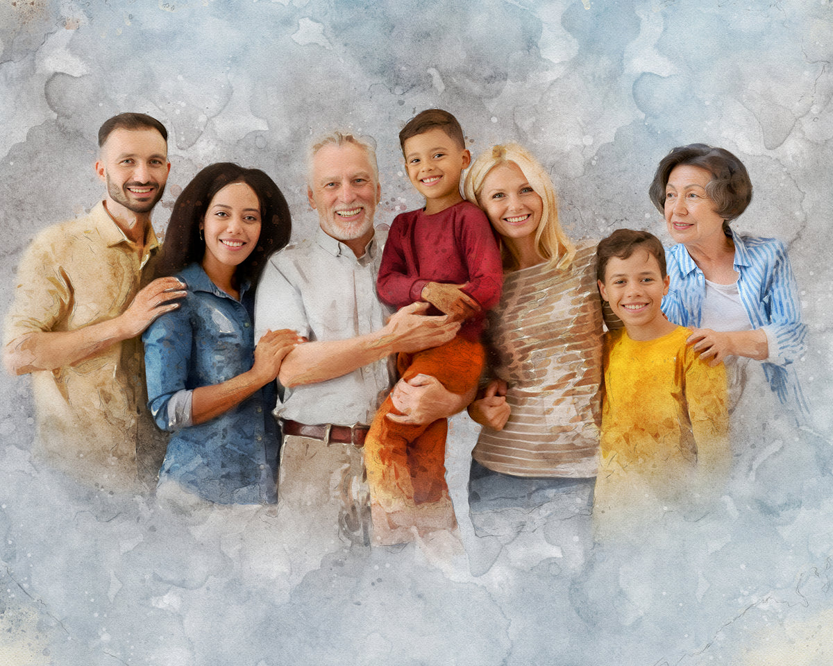 Watercolor Style Photo Merge Design - Blue Background